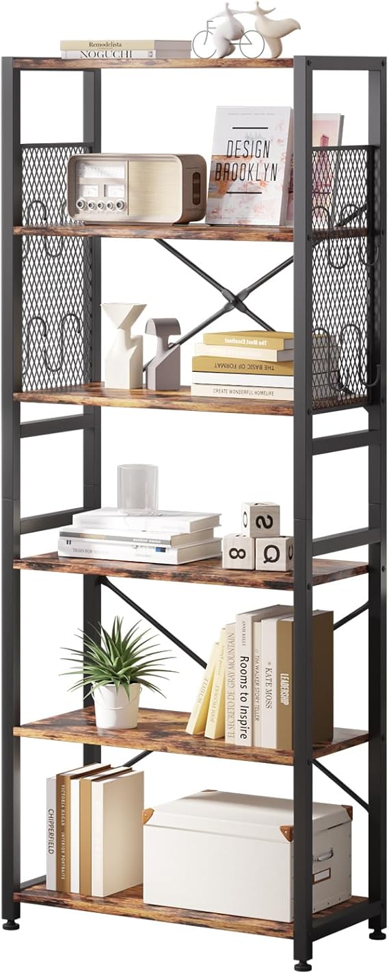 TREETALK 6 Tier Bookshelf, Standing Bookcase with 2 Xshape Strips