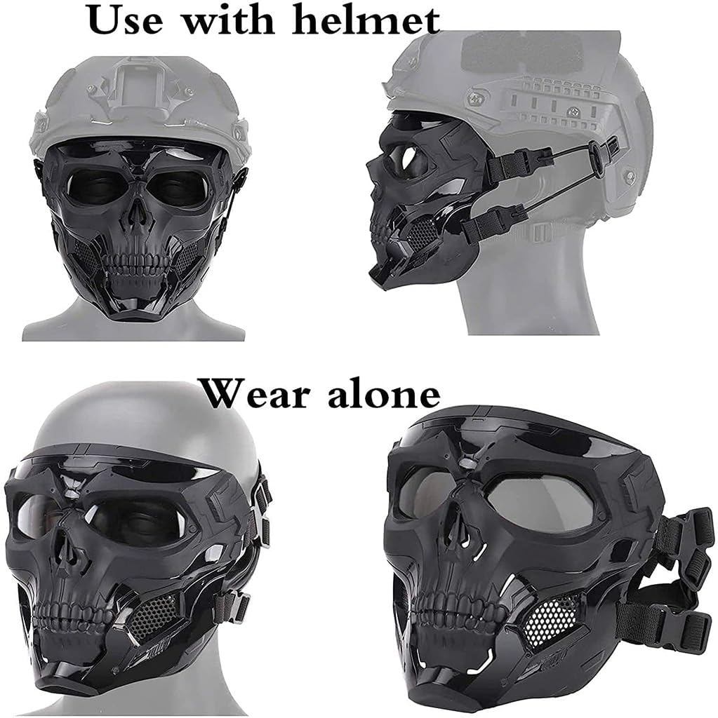 Halloween Camouflage Full Face Protective Mask Airsoft Skull Mask, Full Face Protective Paintball Gear with Goggles Skull Mask (Color : with Hood)