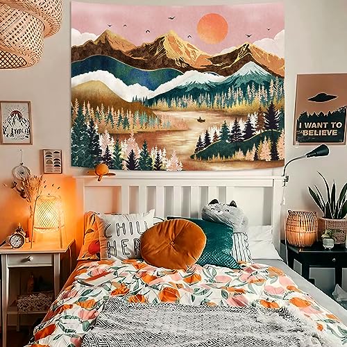 Zussun Mountain Tapestry Nature Forest Tree Tapestries For Bedroom Aesthetic Sunset Tapastry'S Wall Hanging Orange And Green Landscape Wall Tapestry For Living Room Dorm thumb #1