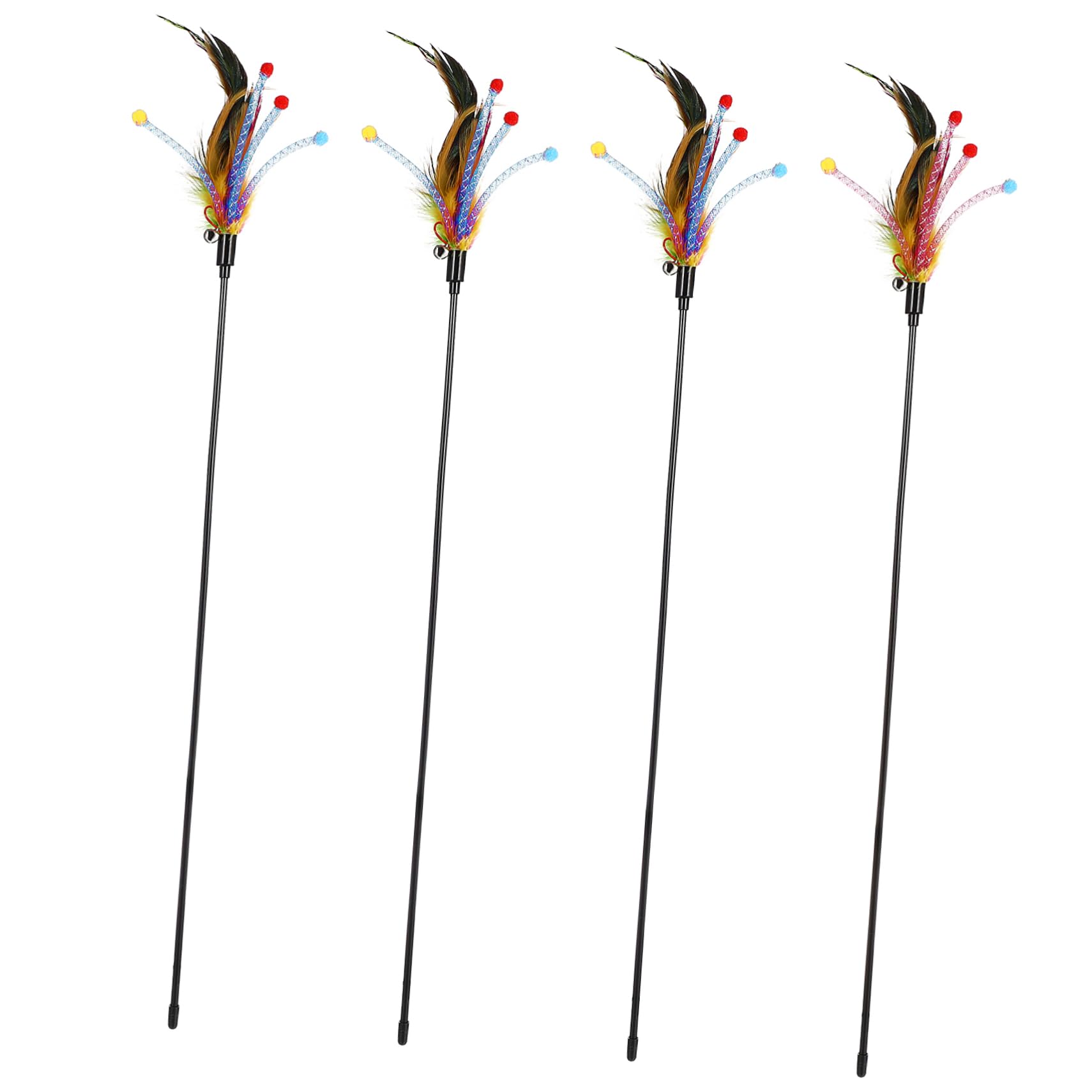 POPETPOP Cat Interactive Pack 4 Pcs Cat Feather Teaser Toys Bell -Skid for Active Play Random