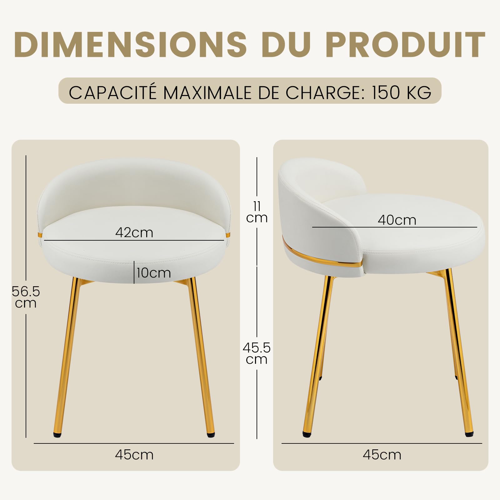 Hellove Tabouret Coiffeuse avec Pieds en Métal Doré, Tabouret de Maquillage Moderne Rond, Chaise de Coiffeuse en Cuir, Stool de Pied avec Dossier Courbé pour Salle À Manger, Chambre, Salon, Blanc