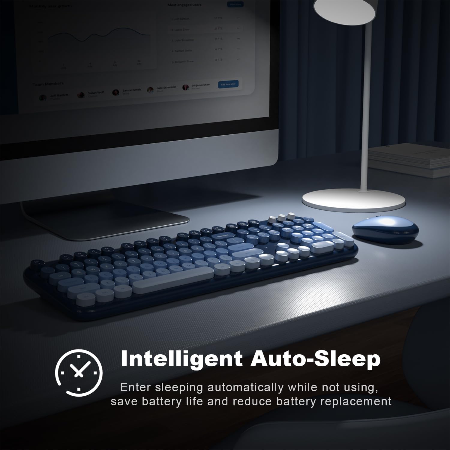Atelus Wireless Keyboard and Mouse Combo, Typewriter Full Size Keyboard with Number Pad, Ergonomic Design for Windows PC Computer Laptop Desktop, Home and Office Use -Blue