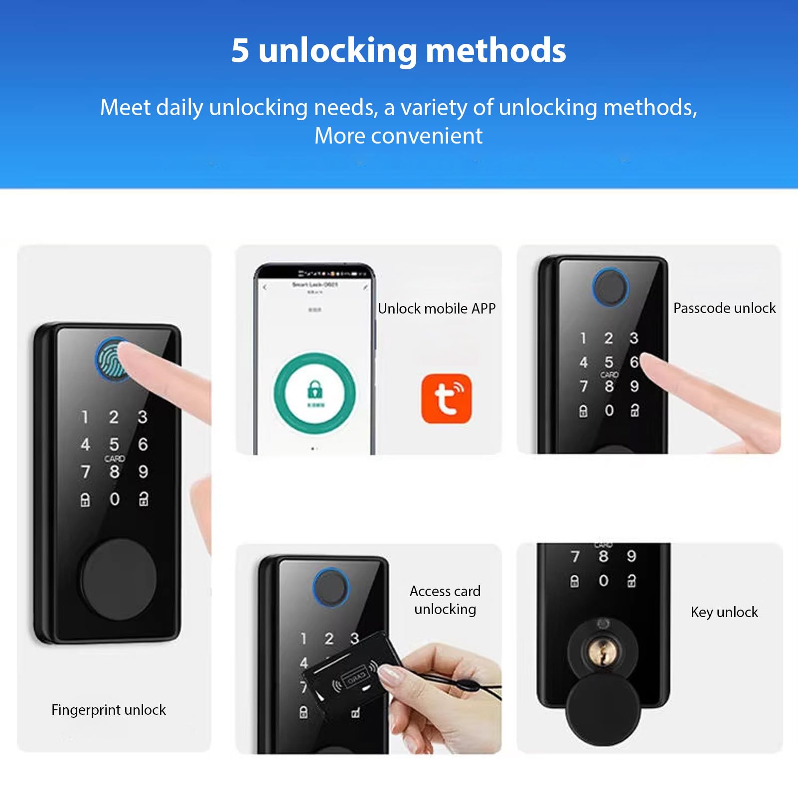 Splenssy Smart Lock BT Keyless Entry Door Lock TY APP Fingerprint Password RFID Card Mechanical Key 5 Unlocking Methods Aluminum Alloy Door Lock for 35-60mm Thickness Office Home Bedroom Door - Image 3