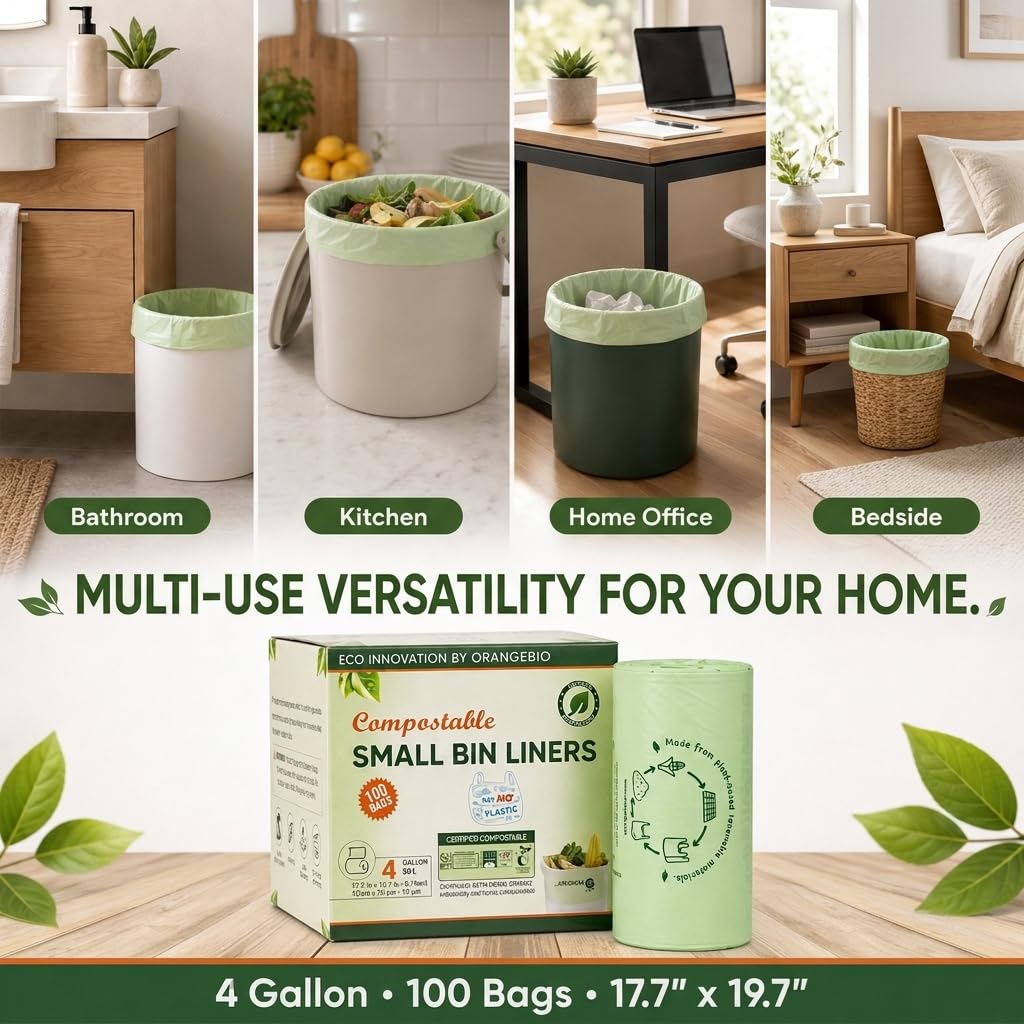 OrangeBio Kompostierbare Müllbeutel, 100 Stück, lebensmittelecht, pflanzlich, biologisch abbaubar, auslaufsicher, reißfest, US BPI ASTM D6400 und OK Compost Home zertifiziert