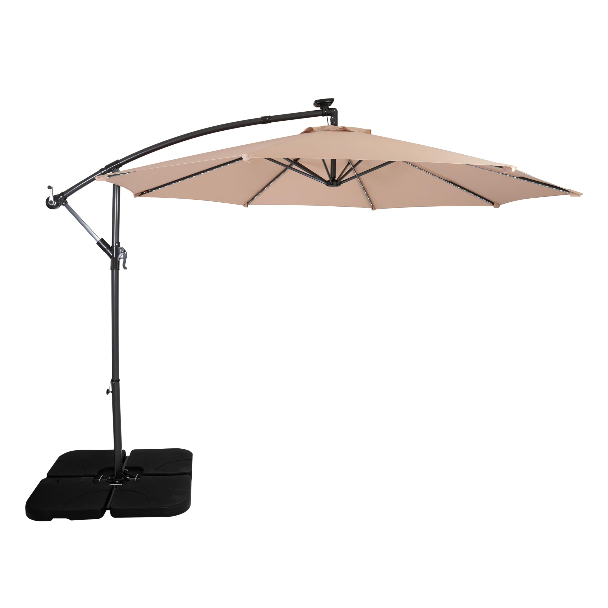 Monster Shop Beige 3M Led Cantilever Parasol Banana Hanging Umbrella & Square Base Garden Sun Shade Canopy Patio Outdoor Uv Protection Winding Crank 104 Solar Power Lights Cool White 8 Ribs Waterproof Rain Cover
