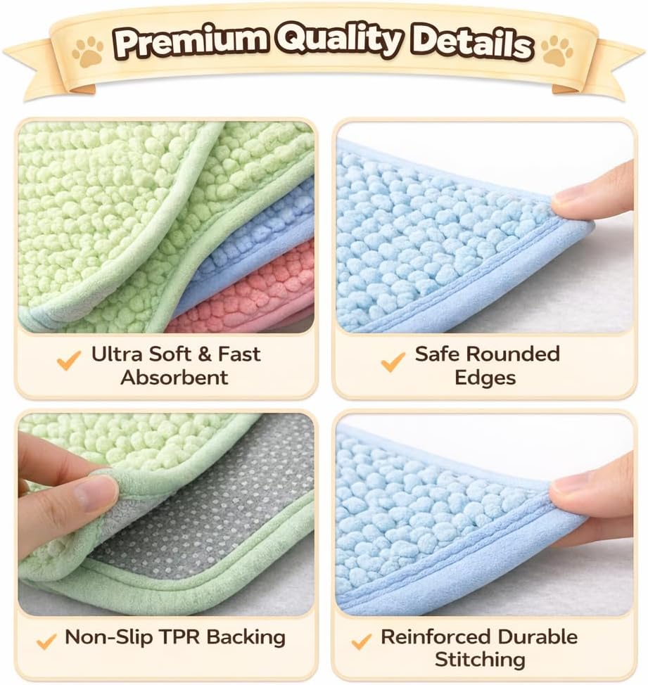 8 Pack Guinea Pig Cage Liners, Washable Reusable Microfiber Chenille Bedding Mats, Non Slip Soft Pads for Small Animals , 16 x 12 Inches, Multi Color (Blue)