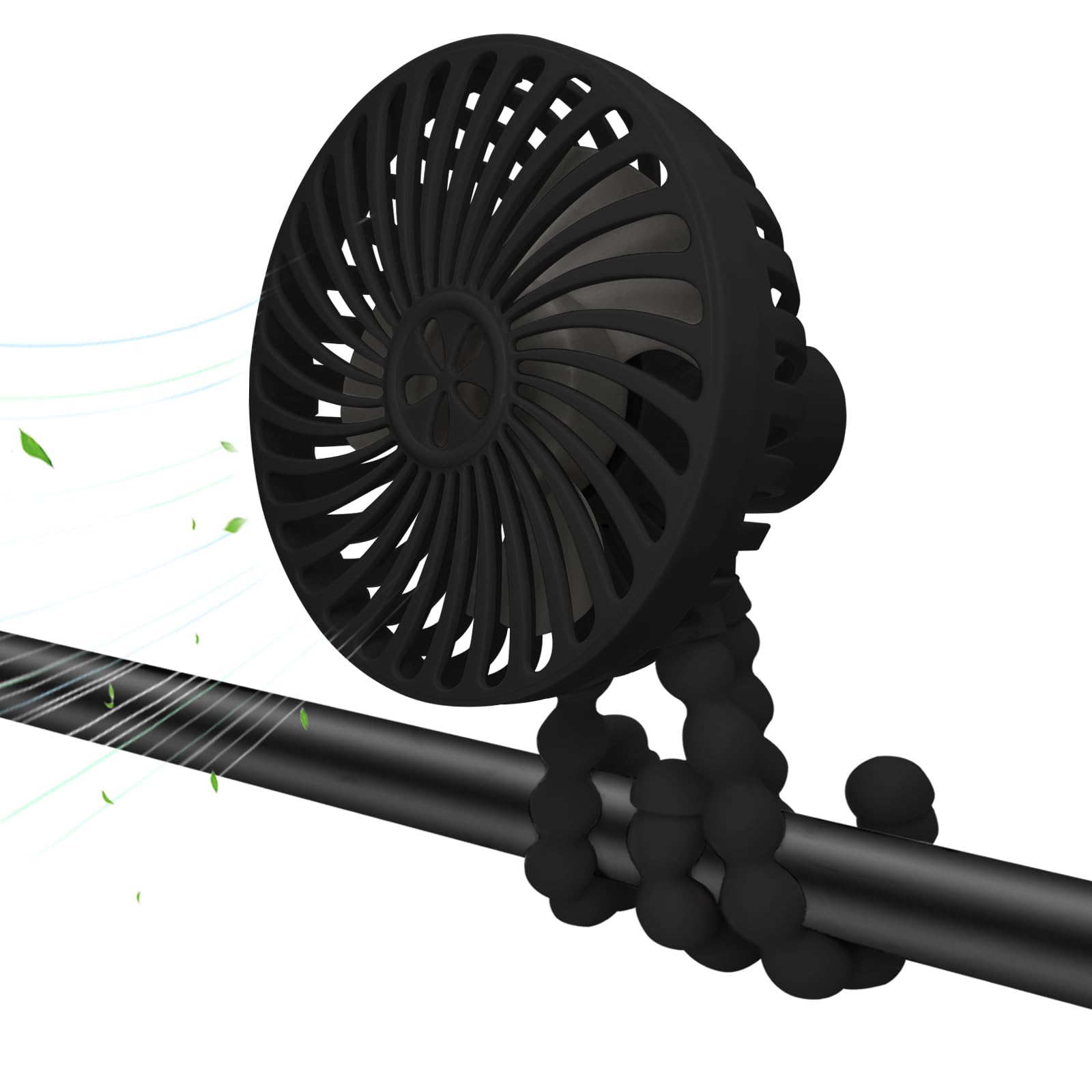 Stroller Fan, 3 Speed Adjustable Portable Fan, USB Rechargeable Battery Powered, Handheld Fan with Flexible Tripod, Suitable for Cribs and Treadmills Student Desks Bicycles Beach Camping (Black)