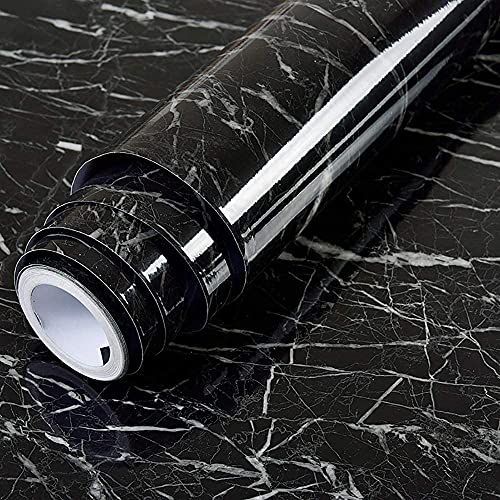 Image of FOKRIM Black Marble Self Adhesive Wall Stickers Oil-Proof Waterproof Peel & Stick Contact Wallpaper for Kitchen Living Room Office Table Home Decor Furniture Workshop (205.5CM X 60.5CM) (Black)