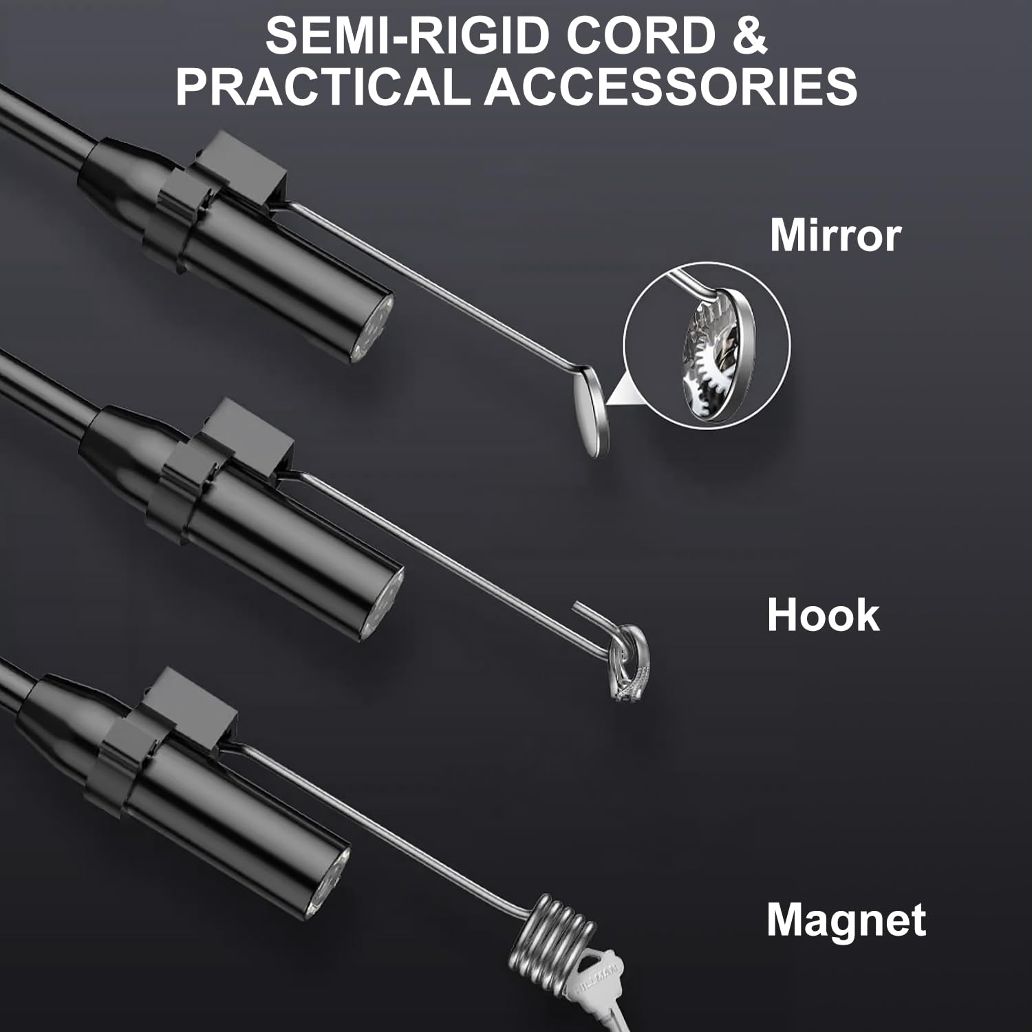 Semi-rigid cord with mirror, hook, and magnet accessories