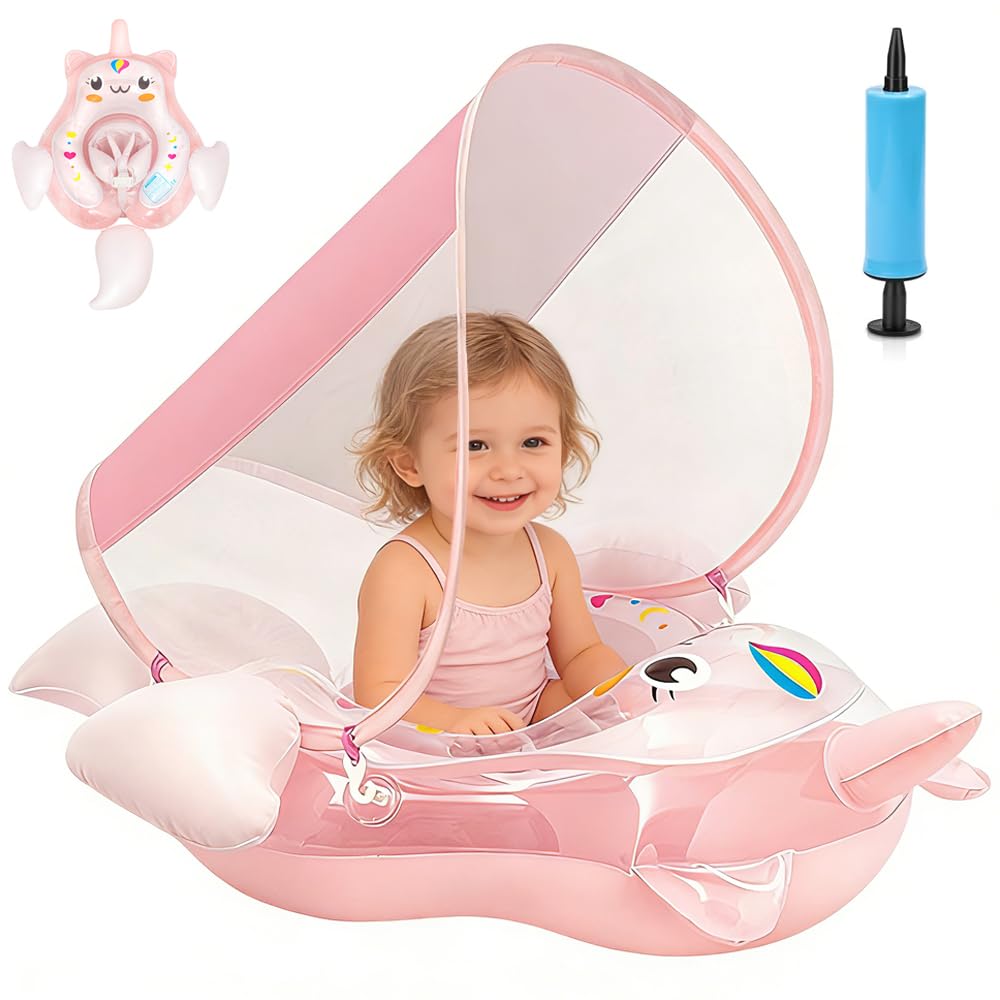 Salvagente Neonato, Ciambella Neonato Con Parasole E Pompa Ad Aria, UPF50+ Protezione UV, Salvagente Bambini Per Adatto Per Bagno, Piscina, Mare Per Bambini Dai 3 Ai 36 Mesi (L)