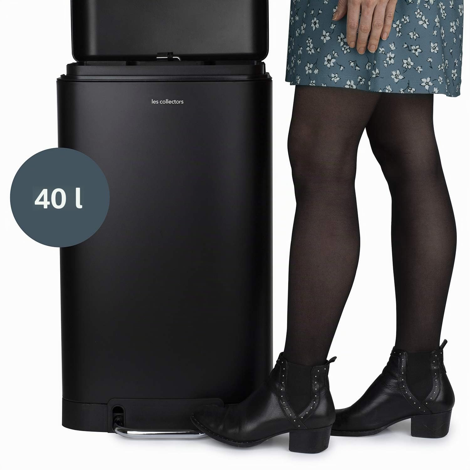 Les Collectors Küchen-Tretabfalleimer Edelstahl N°867, 40 L Fassungsvermögen, Herausnehmbarer Inneneimer, Elegantes Design, Mattes Finish, Geräuschloser Deckelverschluss, Schwarz