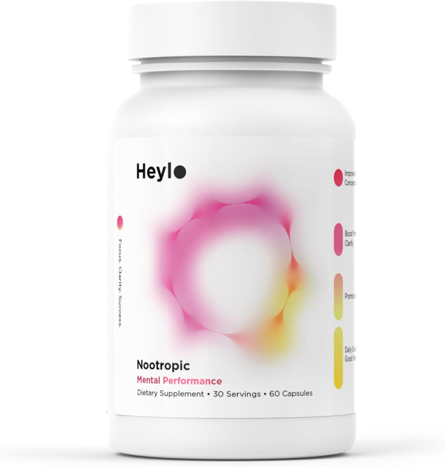 Heylo Nootropic Brain Supplement for Focus, Energy, and Memory | Cognizin® Citicoline, L-Theanine, PurCaf® Caffeine, Phosphatidylserine, B6 | 60 Capsules – Clean, Plant-Based Cognitive Support