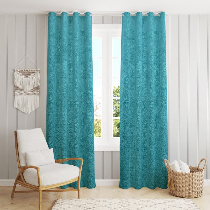 Image of Suede Velvet Embossed Room Darkening Door Curtain for Living Room, Bedroom, Hallway, 11 feet Long, Aqua Blue, Set of 1