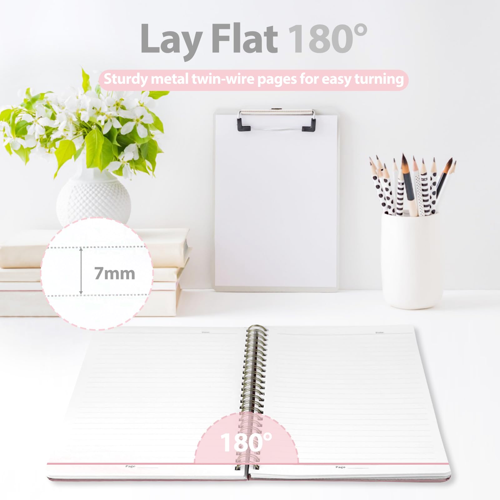 VALOME Quaderno a spirale, formato A5, a righe, per donne e uomini, 146 pagine, a righe, copertina rigida, per lavoro, prendere appunti, diario, scuola, scrittura (rosa)