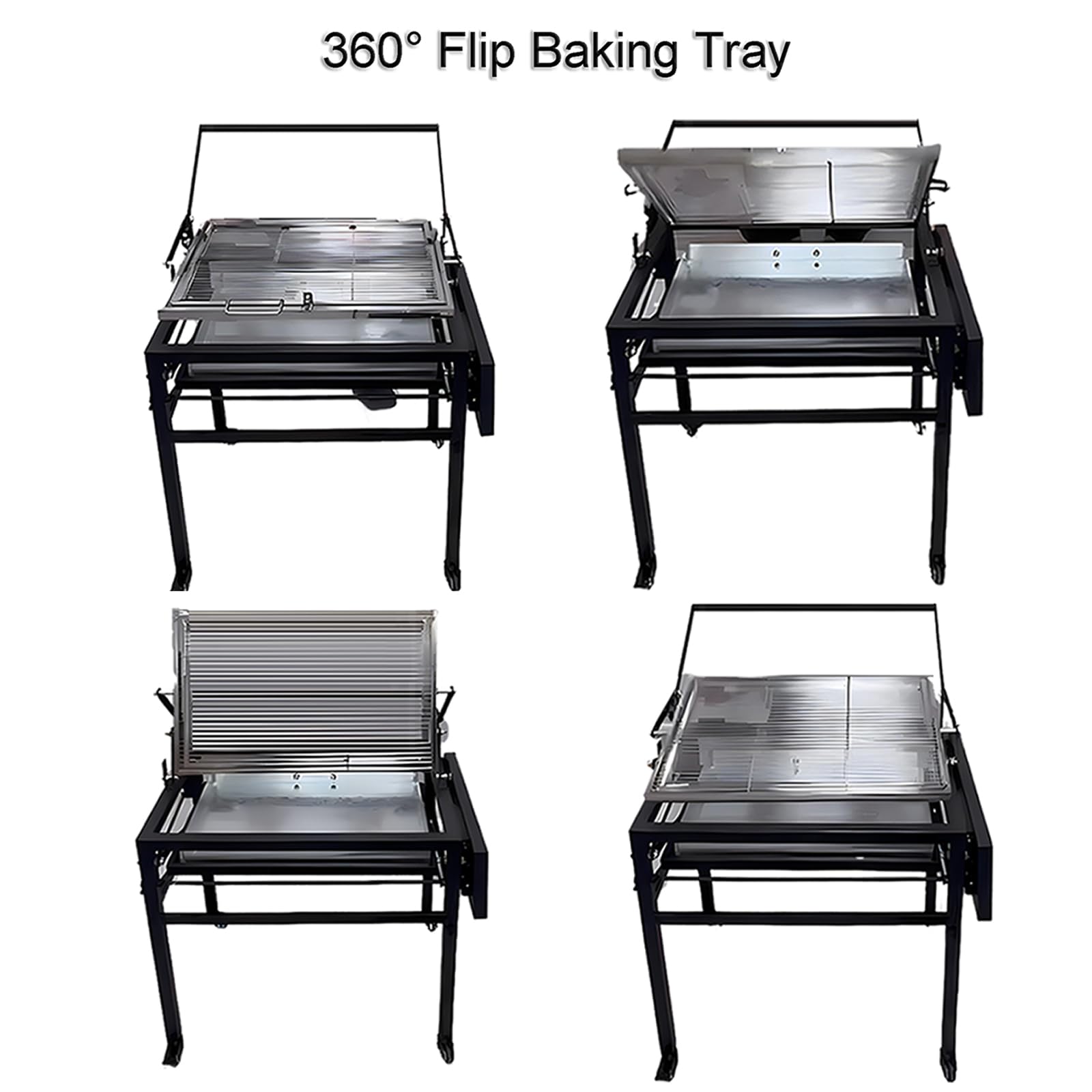 Barbecue à charbon de bois avec chariot, grille de cuisson portable démontable carrée résistante en plein air, grille de cuisson rotative à 360 degrés avec roues pour camping, jardin, barbecue