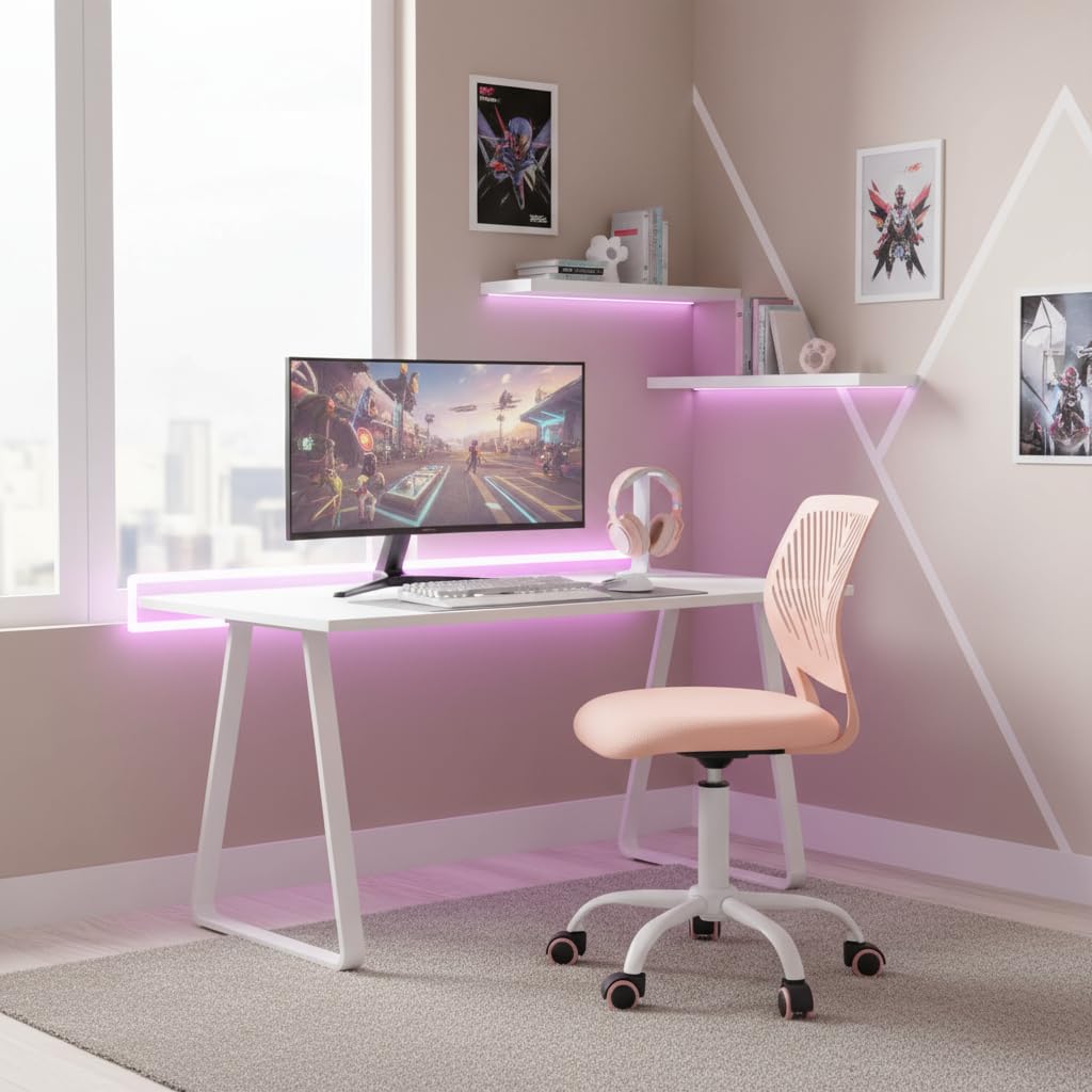 FurnitureR Chaise de Gaming Compacte, Dossier Creux en PP, Hauteur Réglable, Assise Ergonomique Pivotante en Mousse, Base en Fer à 5 roulettes, pour la Lecture, Le Dessin, Le Gaming, Candy Rose