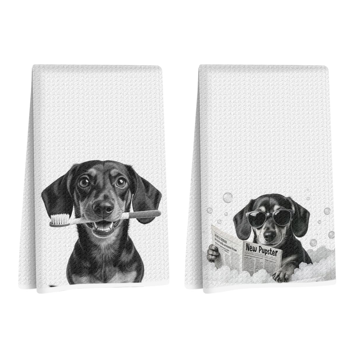 2Pcs Funny Dachshund Hand Towel for Bathroom 24x14 Inch, Cute Dog Absorbent Soft Microfiber Dish Cloth Bathroom Towel, Waffle Hand Towels for Toilet Home Decor, Dachshund Gifts