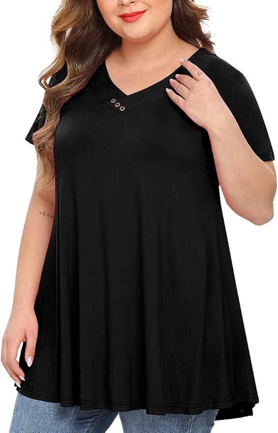 MONNURO Women's Plus Size Henley V-Neck Top - Short Sleeve Button-Up Tunic With Pocket, Loose Fit