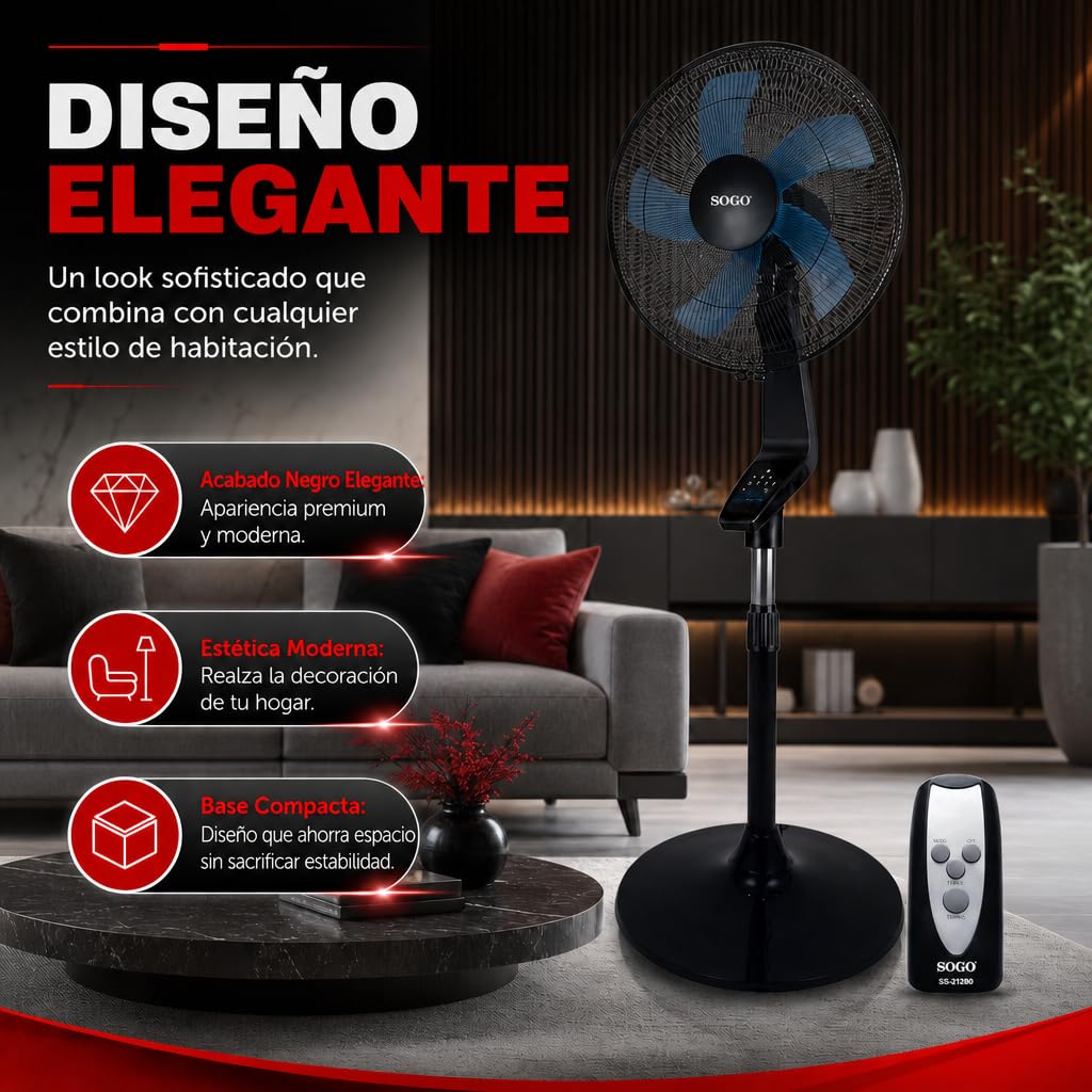 SOGO Ventilador de Pie Silencioso con Mando a Distancia y Temporizador 7,5H - Ventilador de Pie 40 cm Oscilante con 3 Velocidades - Altura Ajustable 120-145 cm y 5 Aspas 50W Negro (SS-21280)