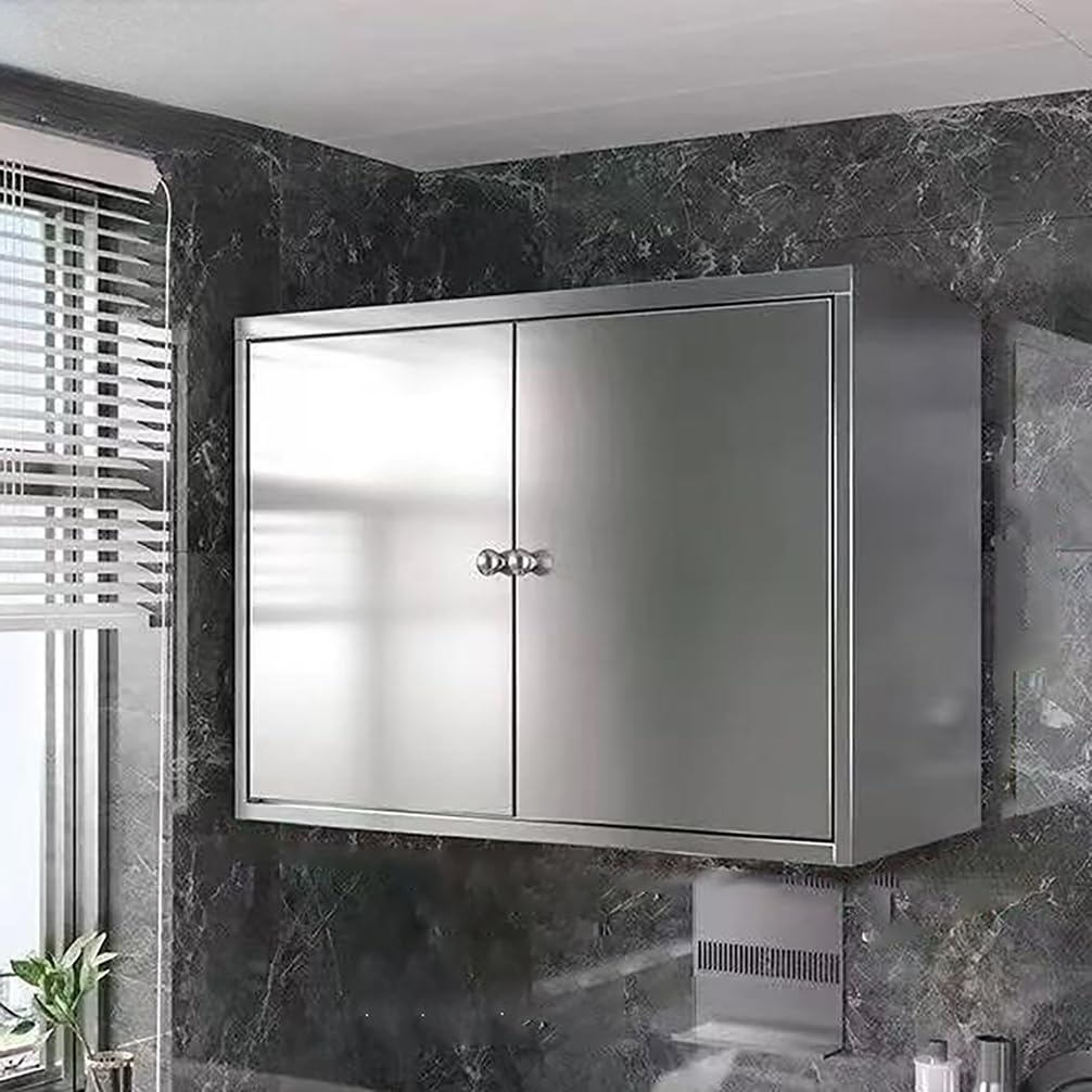 WYRNOBRX Floating Wall Cabinet Double Door with Adjustable Shelves Gabinetes Para Cocina Stainless Steel Storage Cabinet for Kitchen And Bathroom Storage Furnishings,Silver/A,L80*H60*W35