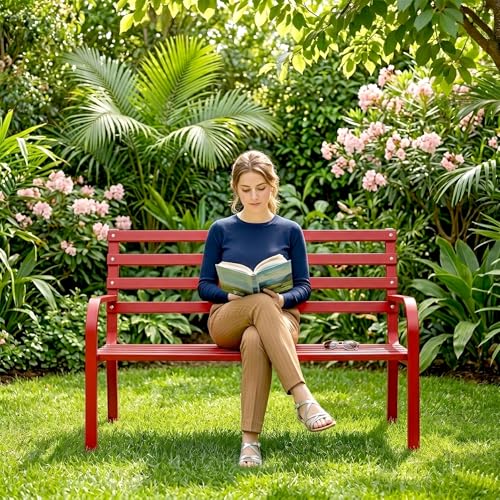 Image of BRISHI 2 Seater Metal Garden Bench for Indoor & Outdoor Park /Patio /Living Room /Terrace /Balcony (Red)