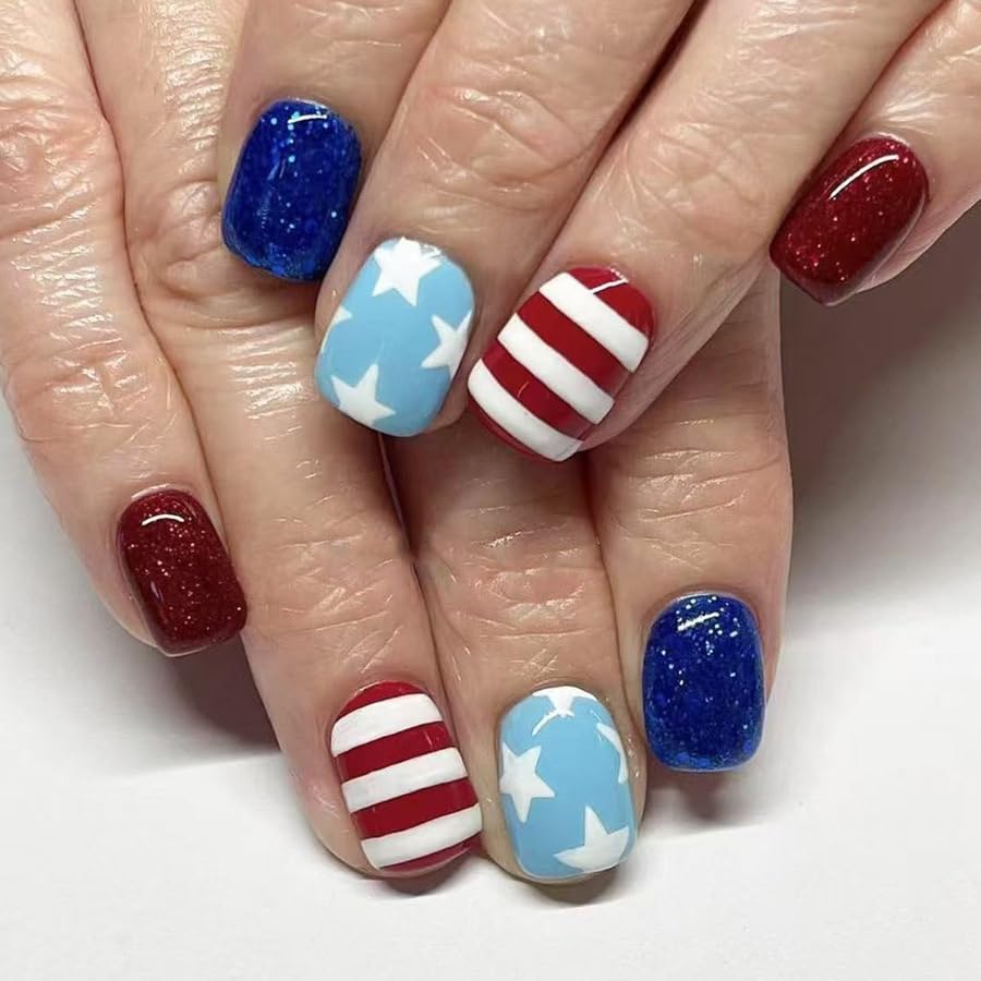 4th Of July Fake Nails Short Square Press On Nails Star With Line Glitter Design Independence Day False Nails Acrylic Artificial Glossy Glue On Nail