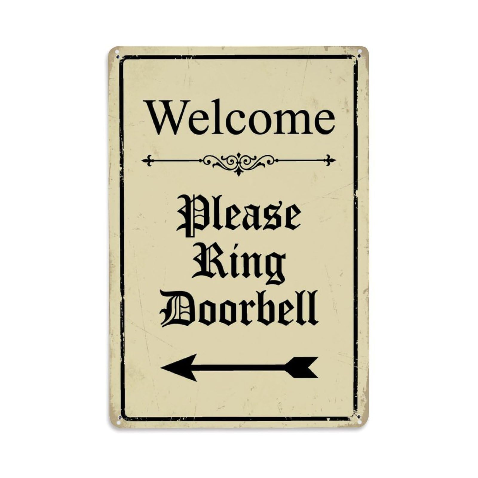 Metal Tin Sign Vintage Welcome Please Ring Doorbell Arrow Border