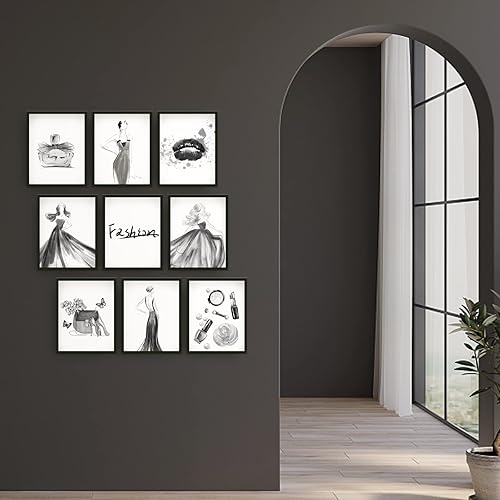Miniatura 4 de PLIGREAT 9 impresiones de pared de moda para mujer, decoración de pared en blanco y negro, pintura de pared moderna sin marco, impresión de lienzo