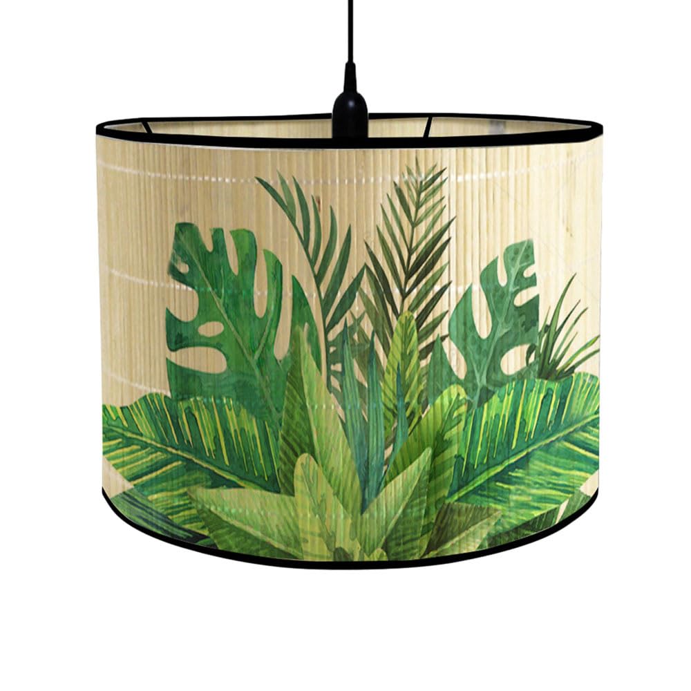 FANSU Round Drum Light Shade for Table Lamp, Modern Vintage Green Plant Pattern Pendant Lampshades Easy Fit for Living Rooms, Bedroom, Hallways, Reading Room (Tropical Leaves)