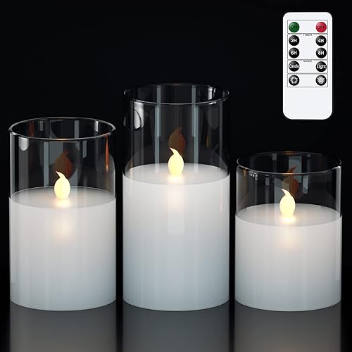 GenSwin Velas LED sin llama de vidrio transparente con control remoto de 10 teclas y temporizador, velas de cera real, luz blanca cálida parpadeante