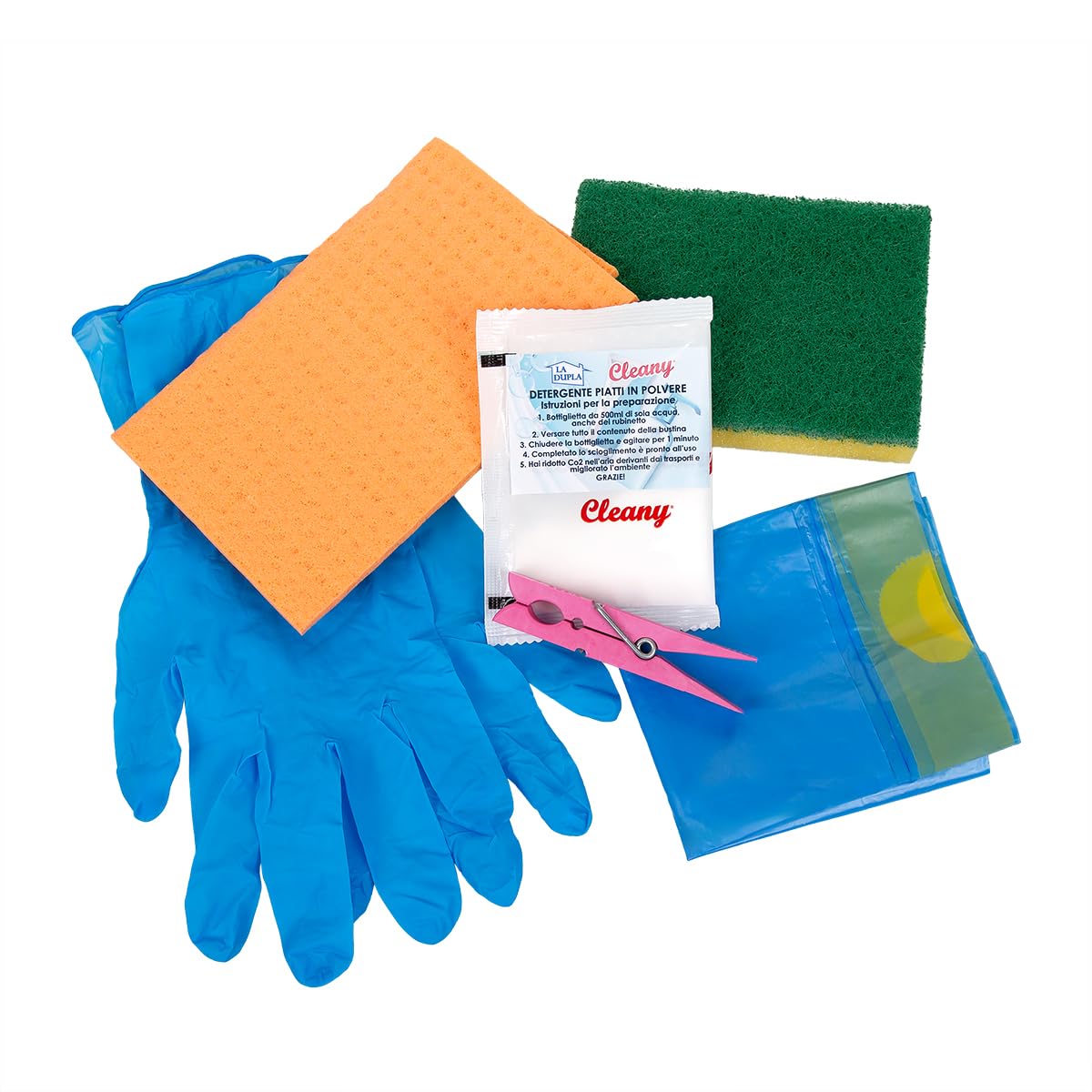 25 Kit cortesia (VENETO) pulizia cucina per casa vacanze Residence Camping Appartamenti Turistici Set Benvenuto Ospiti con spugna, panno, detersivo piatti, guanti, sacco immondizia