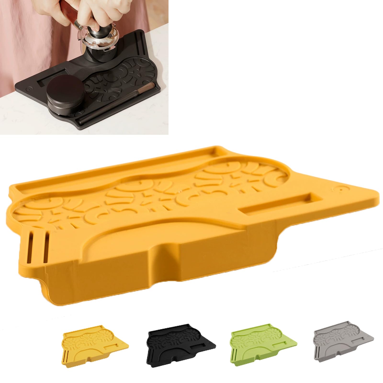 MOMAHUA Silicone Coffee Tamper Mat 15x24cm, Yellow 7-Shape Non-Slip Espresso Tamping Pad Heat Resistant Barista Mat Protector with Corner Edge Support for 51mm 53mm 58mm Portafilter Flexible Home Café