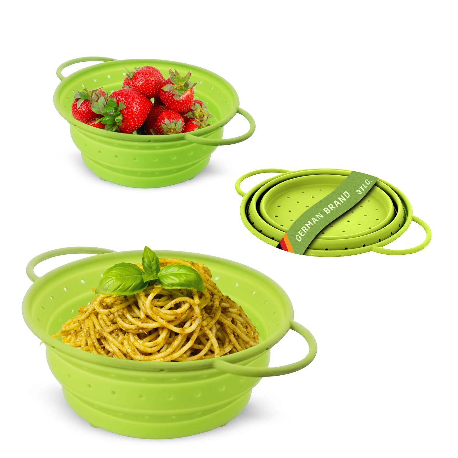 Foldable silicone strainer by Coolinato®, space saving, easy to clean and suitable for the dishwasher, Green, Set of 3
