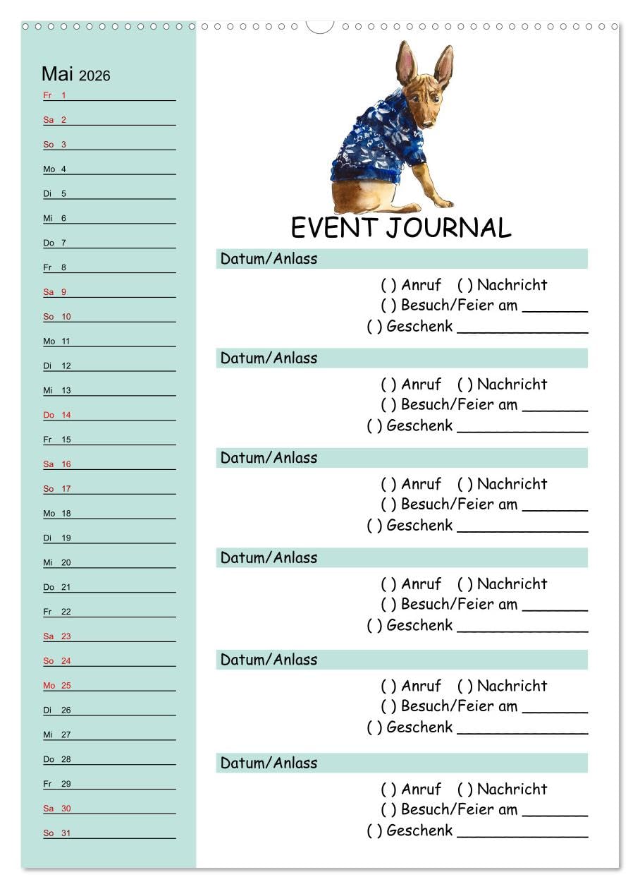 B-DAY PLANER - Aquarell Hunderassen - Für Termine, Geschenke, Eventdetails & mehr (hochwertiger Premium Wandkalender 2026 DIN A2 hoch), Kunstdruck in ... und keinen Anruf mehr. (CALVENDO Menschen)