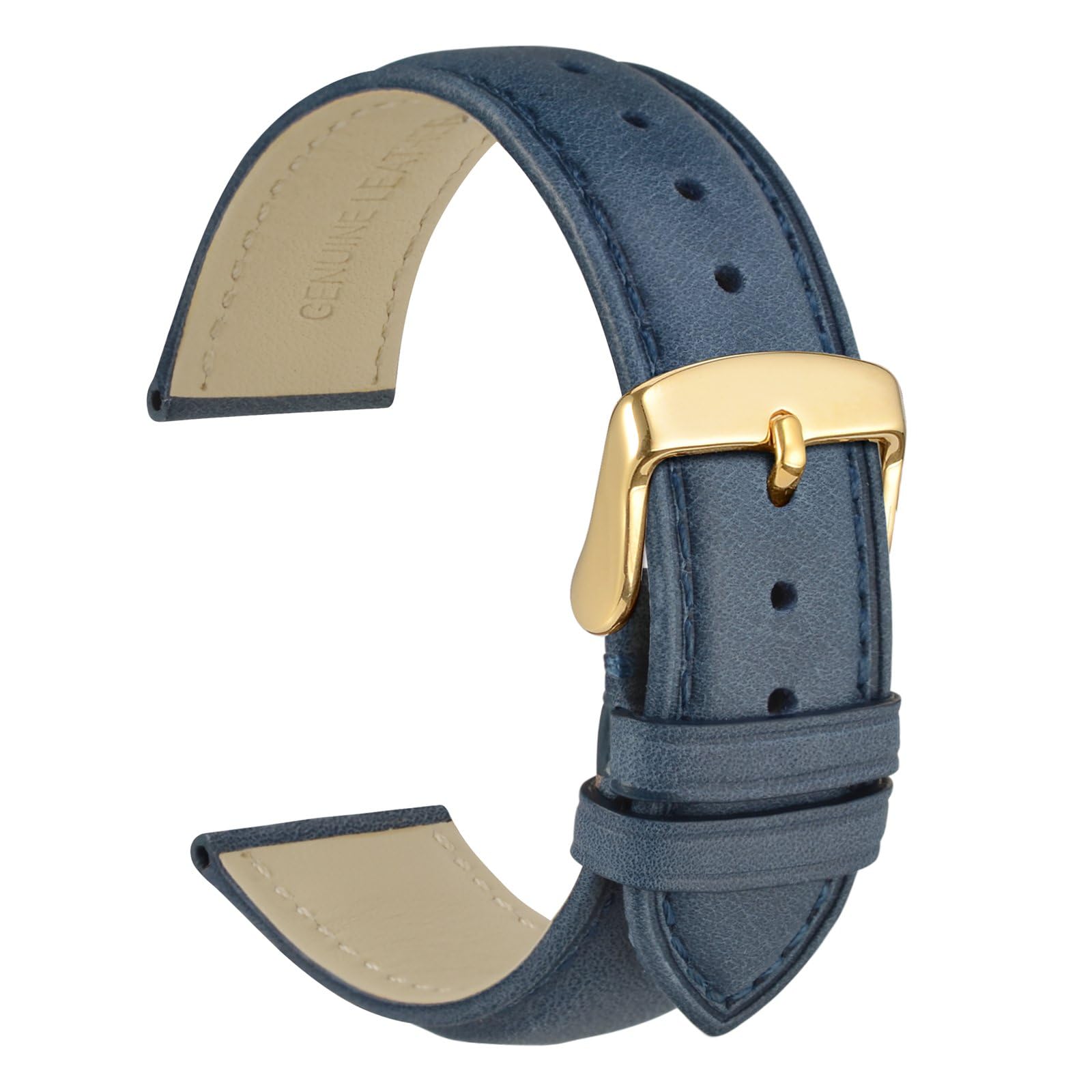 WOCCI 21mm Vintage Leather Watch Band for Men and Women, Gold Buckle (Navy Blue)