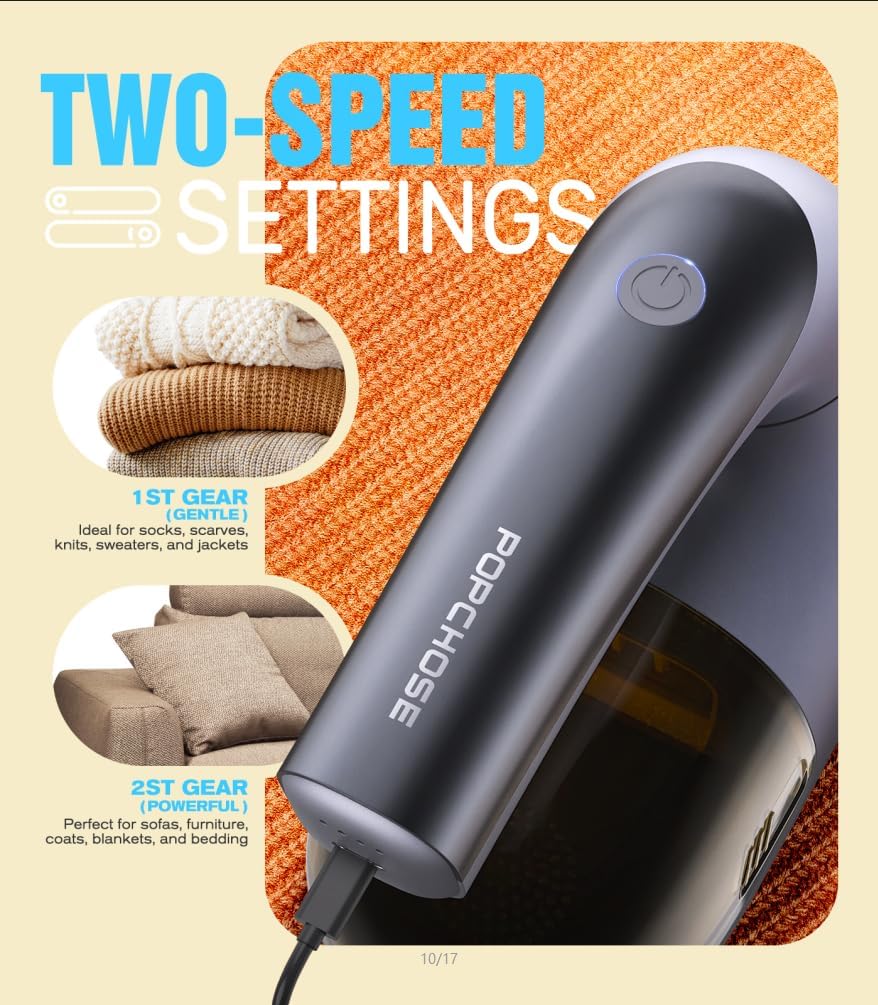 POPCHOSE M2 fabric shaver showing two-speed settings for different fabric types