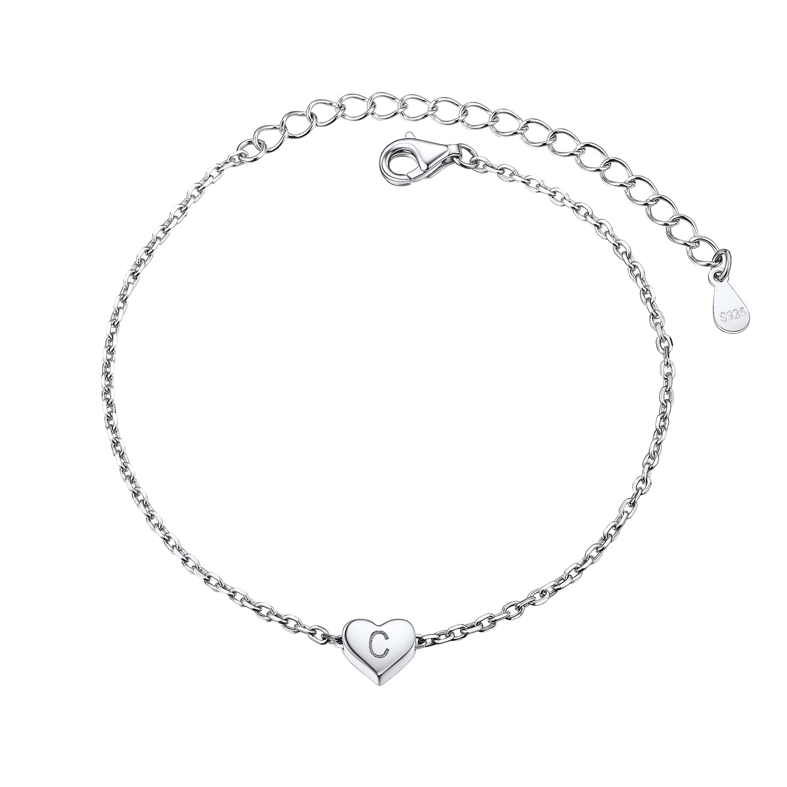 925 Sterling Silver Dainty Heart Bracelets for Women, A-Z Letter Cute Initial Charm, Bracelet: 6.3"-8.3", Adjustable, Come with Box