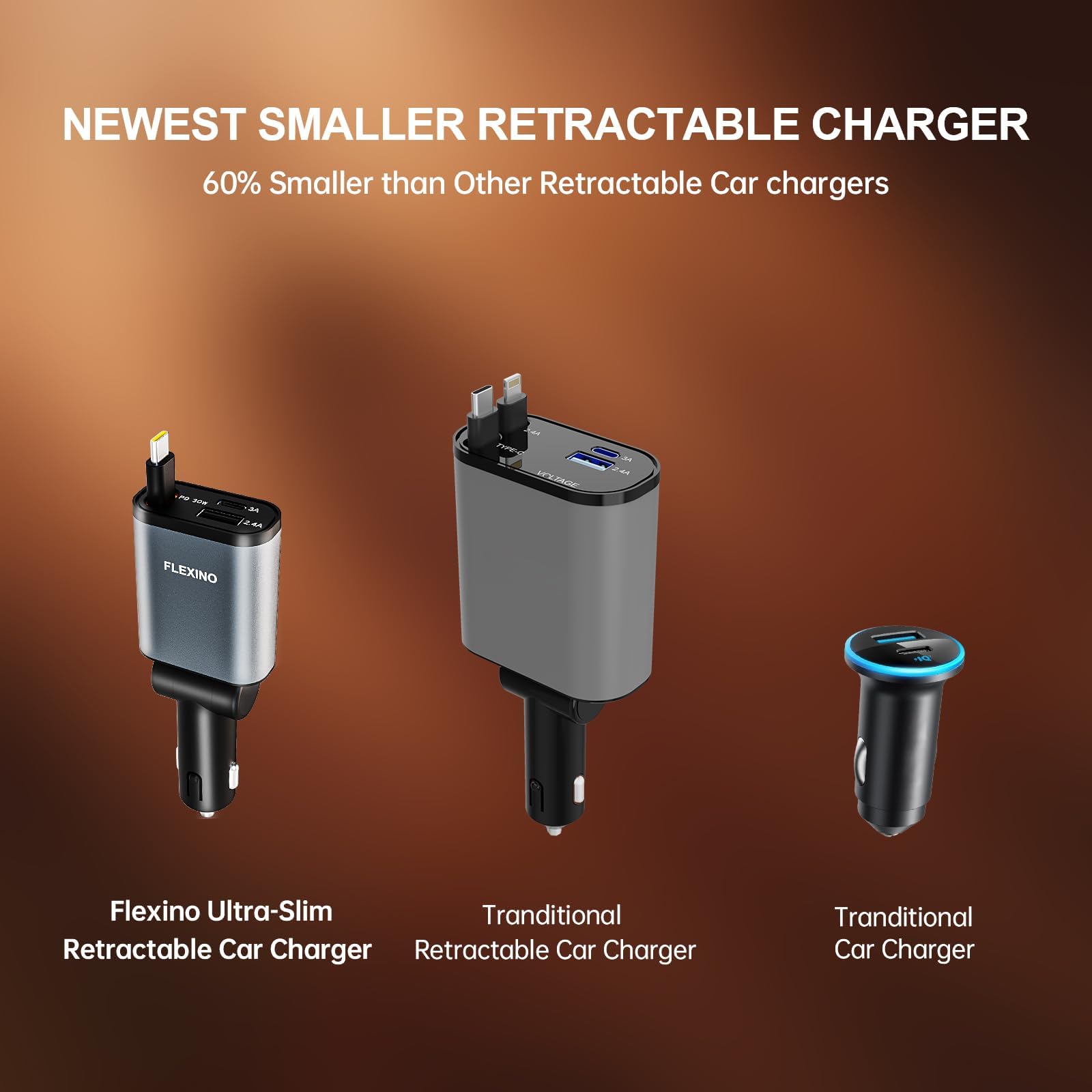 Flexino ?Ultra-Slim? Retractable Car Charger for iPhone 16, 57W Fast Charging Car Chargers, USB C Car Charger Adaptor, Cigarette Lighter Adapter for iPhone 16/15 Series, Galaxy, Pixel, Grey