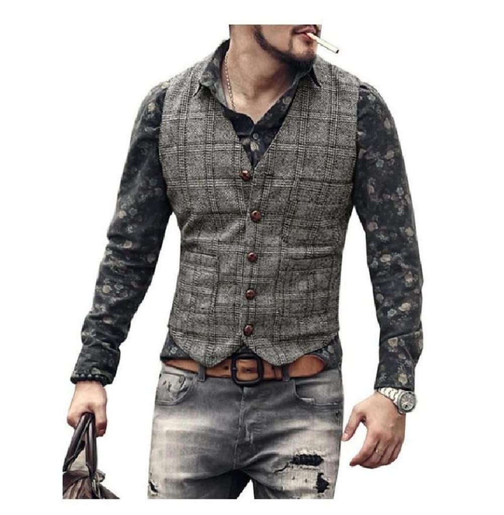 Youllyuu Chaleco de traje para hombre a cuadros sin mangas chaqueta a rayas de un solo pecho de negocios delgado chaleco de vestido de novia