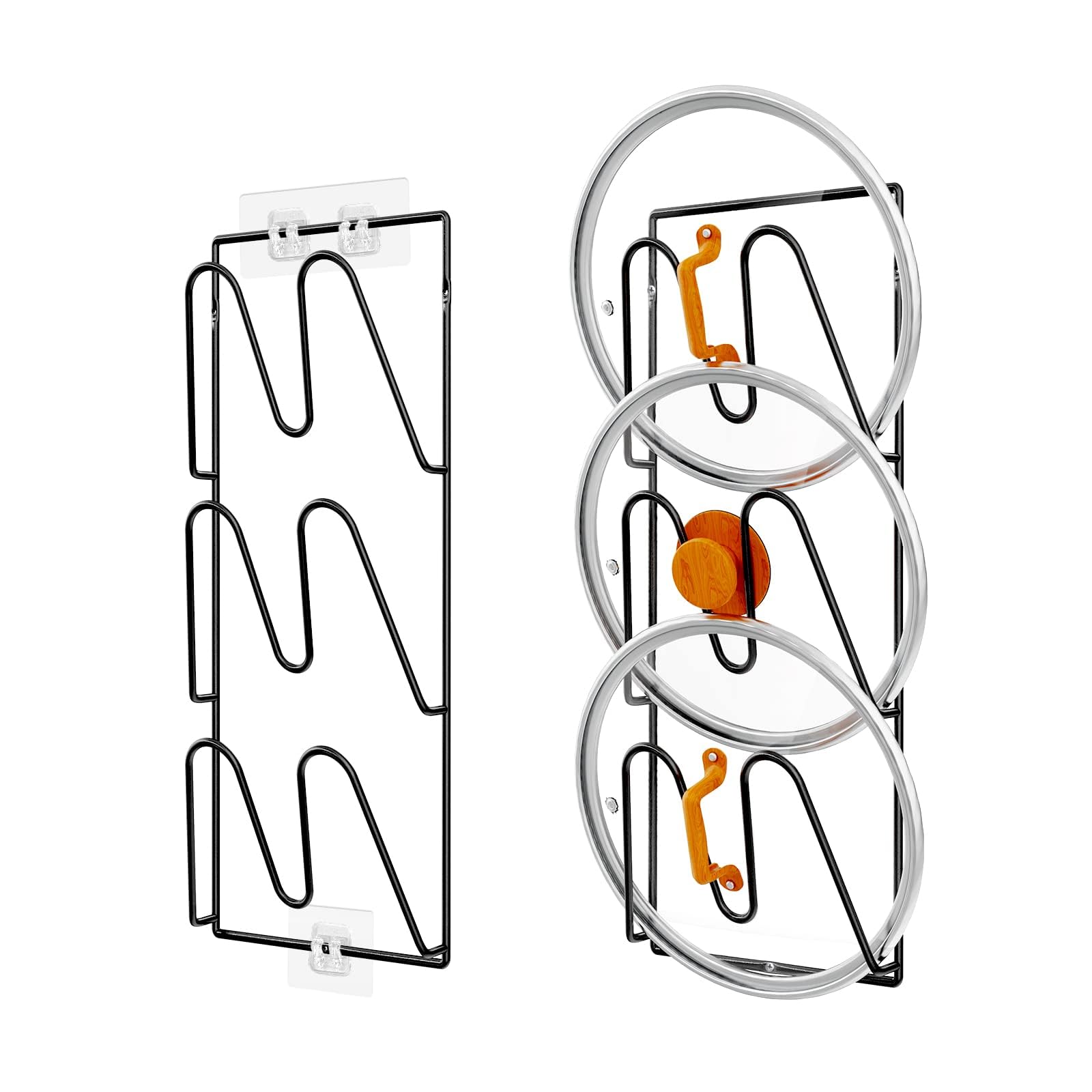 TERRIFI 2 Pack Pot Lid Organizer Rack, 6-Tier Holder for Pot Lids, No Drilling Adhesive Wall, Rustproof Pot and Pan Cover Organizer for Kitchen, Classic Black