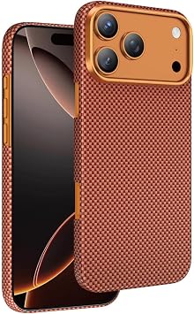 Apple iPhone 17 Pro ile Uyumlu K l f, Aramid Fiber Malzeme, Desenli Karbon Fiber Kevlar, MagSafe Uyumlu, Turuncu