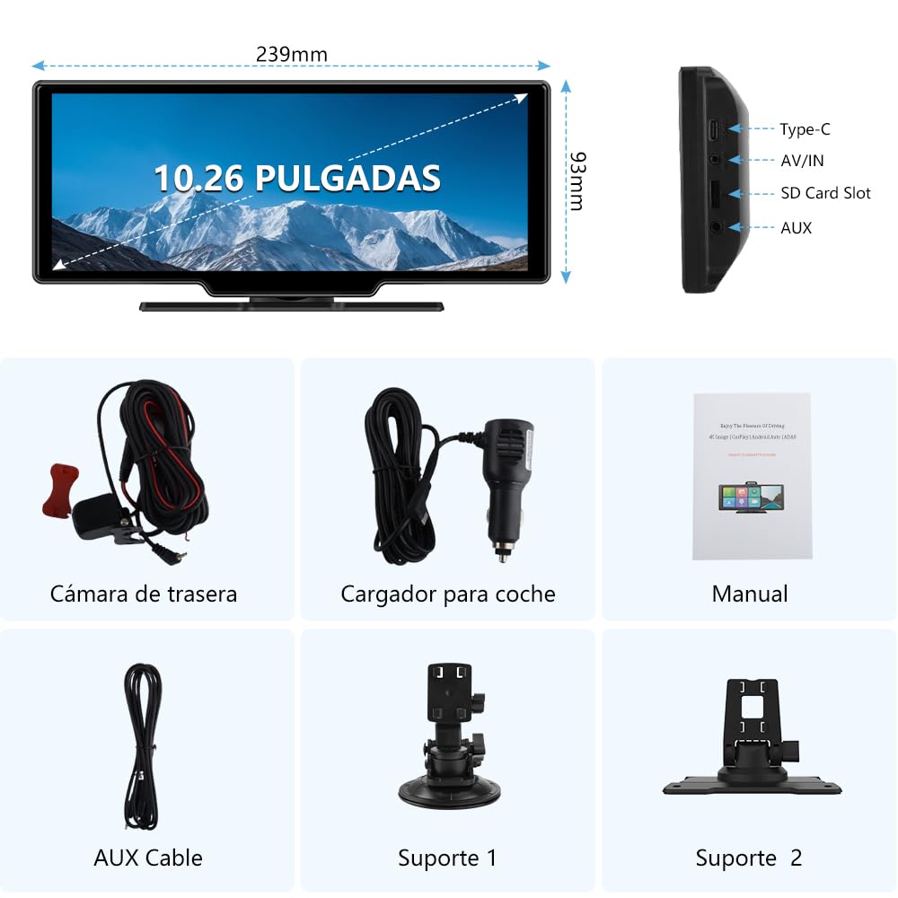 AWESAFE 10.26 Pulgadas Pantalla Coche con Carplay Android Auto, Pantalla Táctil con 4K Dashcam, 1080P Cámara Trasera Incluida, Comandos de Voz, Bluetooth/GPS/FM/AUX/MirrorLink