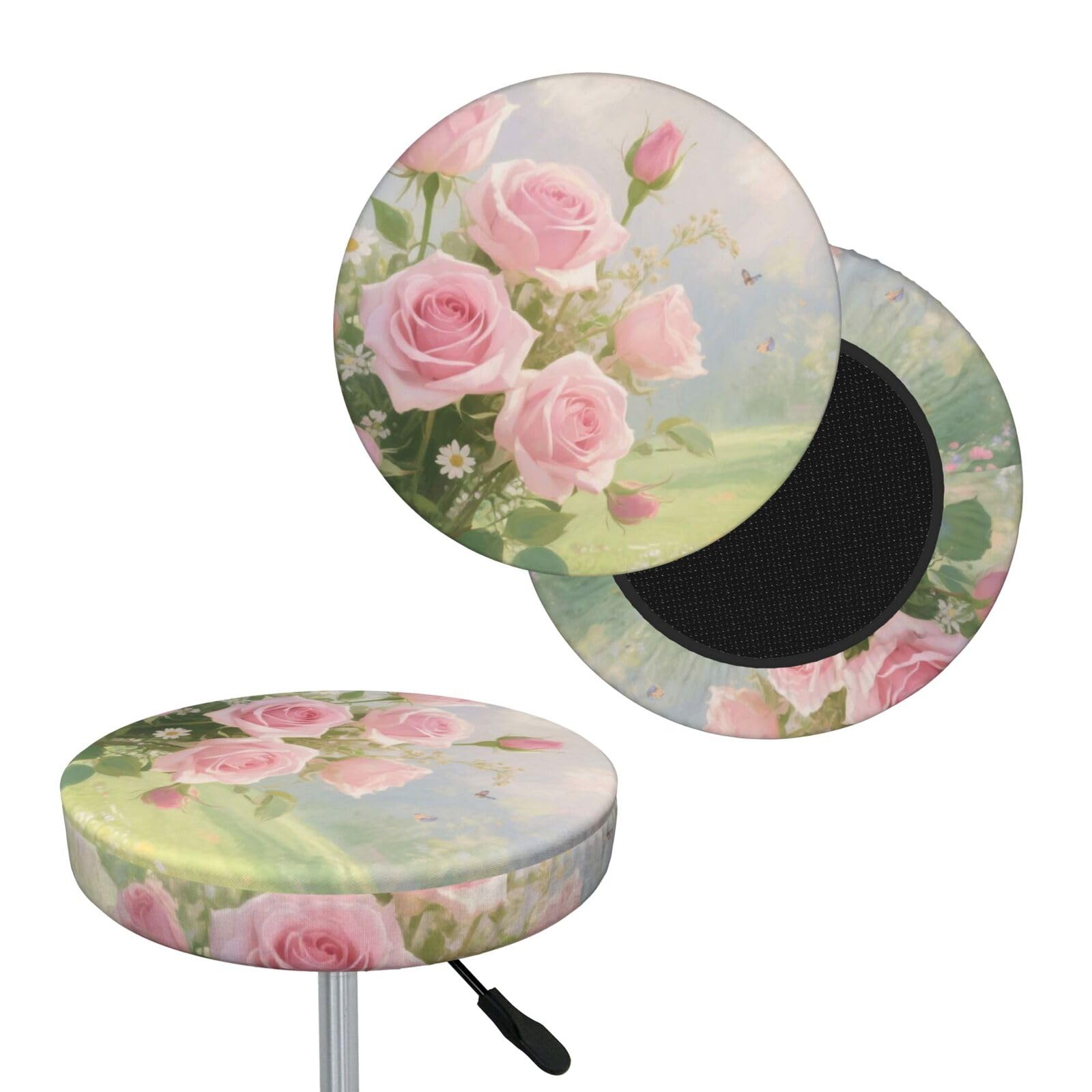 FekiLoot Rose Round Bar Stool Covers Stretch Washable Bar Stool Covers Dustproof Slipcover Bar Chair Covers with Elastic Band for Bar Kitchen Living Room Decor 12 Inch