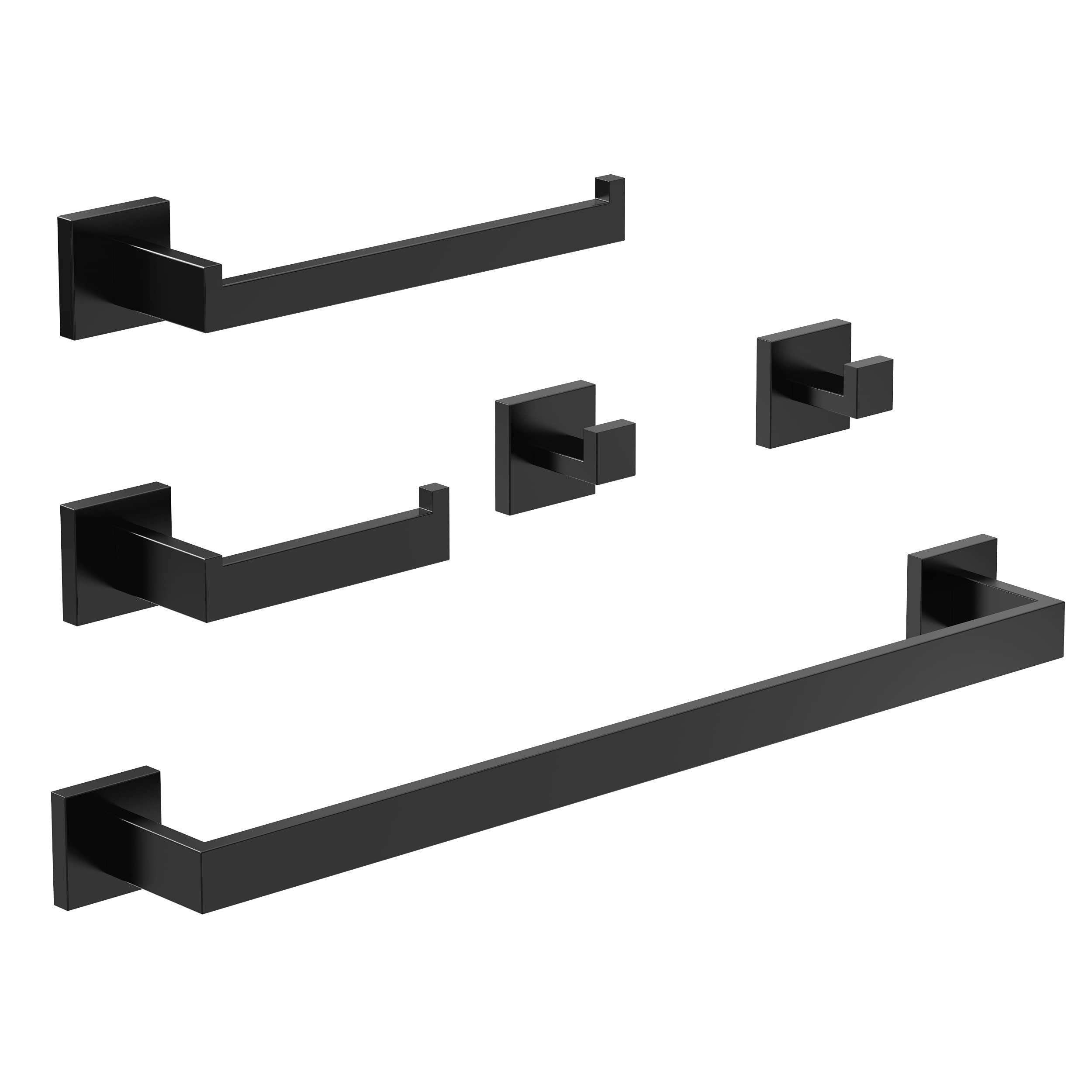 Photo 1 of 5-Piece Bathroom Hardware Set Square Towel Bar Towel Holder Toilet Paper Holder and 2 Towel Hooks,SUS 304 Stainless Steel Wall Mounted Matte Black 5 Pcs