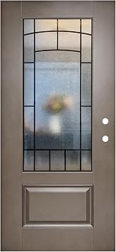 36"x 80" Brown Fiberglass Front Door Slab with Wrought Iron Decor 3/4 View | Classic Single Exterior Entry Door Leaf Only, 3/4 View Clear + Cloud Glass, Left Hand Inswing for Home Front Entrance