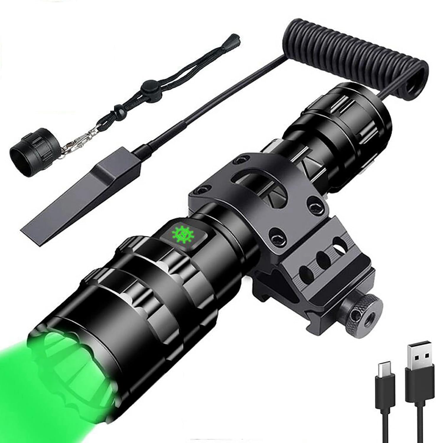 Green Light Flashlight, Rechargeable LED Green Light Tactical Flashlight with Pressure Switch, 5 Modes & Zoomable Deer Hunting Light, IPX4 waterproof Hog Lights for Night Hunting Coyote Varmint