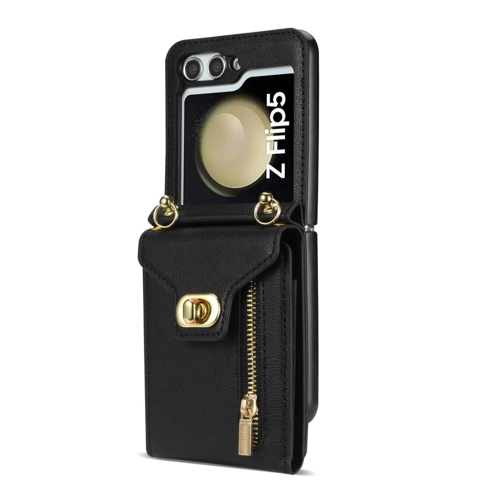 Etui na karty do Samsunga Galaxy Z Flip 5, etui z zamkiem błyskawicznym na ramię, skórzane etui z regulowanym paskiem na ramię, czarne