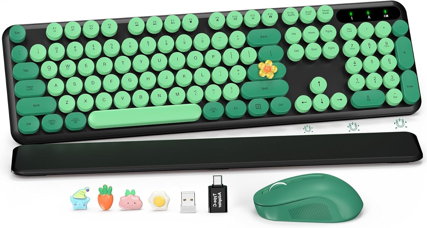 Wireless Keyboard and Mouse Combo - Retro Typewriter-Style Full-Size Keyboard with Round Keycaps, Detachable Wrist Rest, Foldable Legs, 2.4GHz Wireless for Windows/Mac/PC/Laptop (Black & Green)