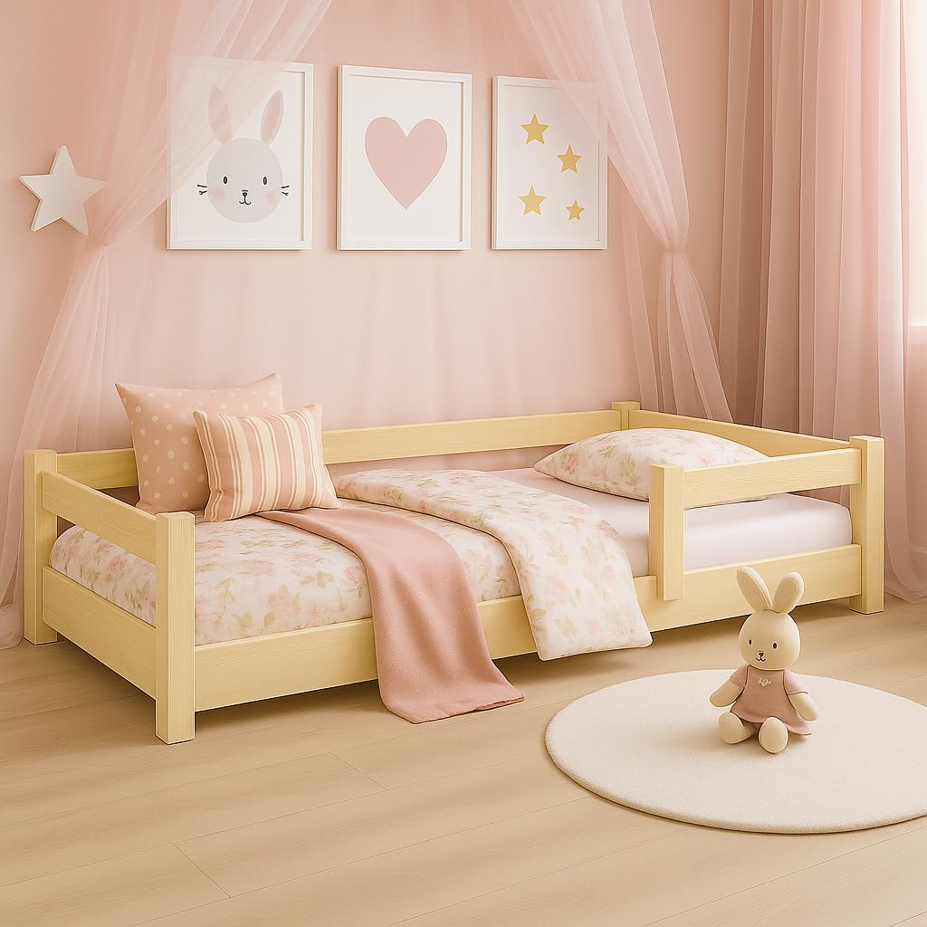 KOBI Lit d'enfant 120x60 cm, avec Tringle - Lit de Sol Nordi en Bois de pin Naturel