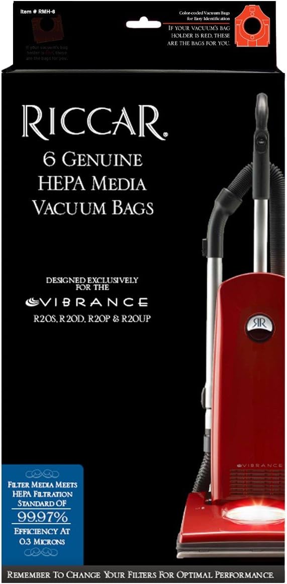 Riccar Genuine HEPA Media Bags for Vibrance Upright Models R20S, R20D, R20P, R20UP (Pack of 6)